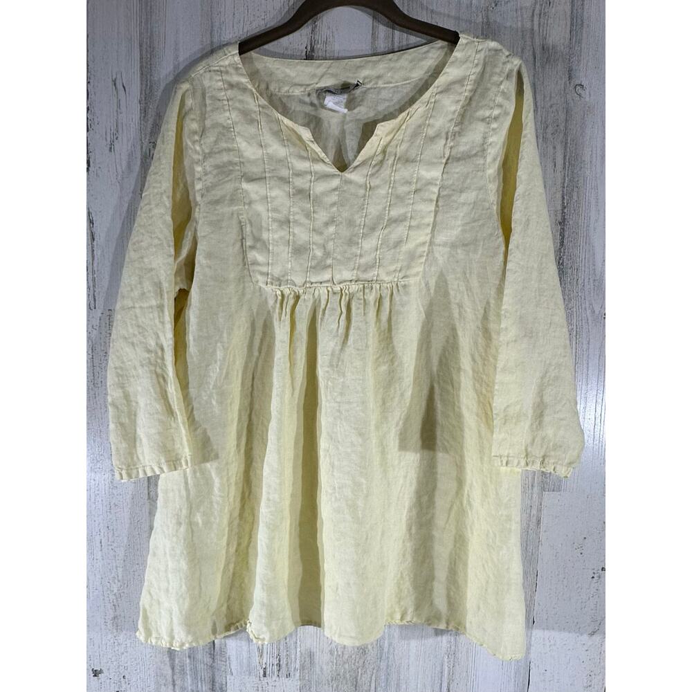 Match Point Tunic Size Medium Pale Yellow Pleated Notch Neck‎ 100% Linen Prairie